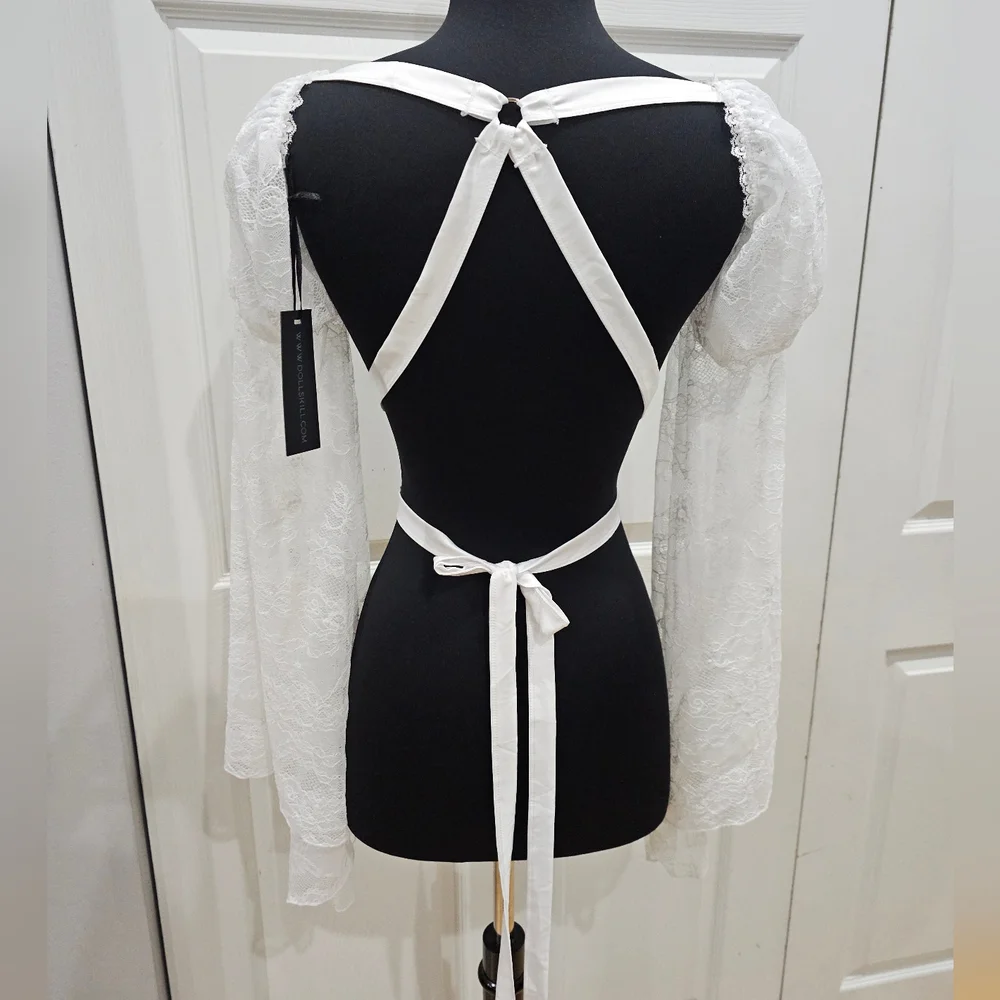 Dolls Kill Widow Goth White Lace Buckle Somber Soul Bondage Harness Shrug Top OS - Picture 8 of 10